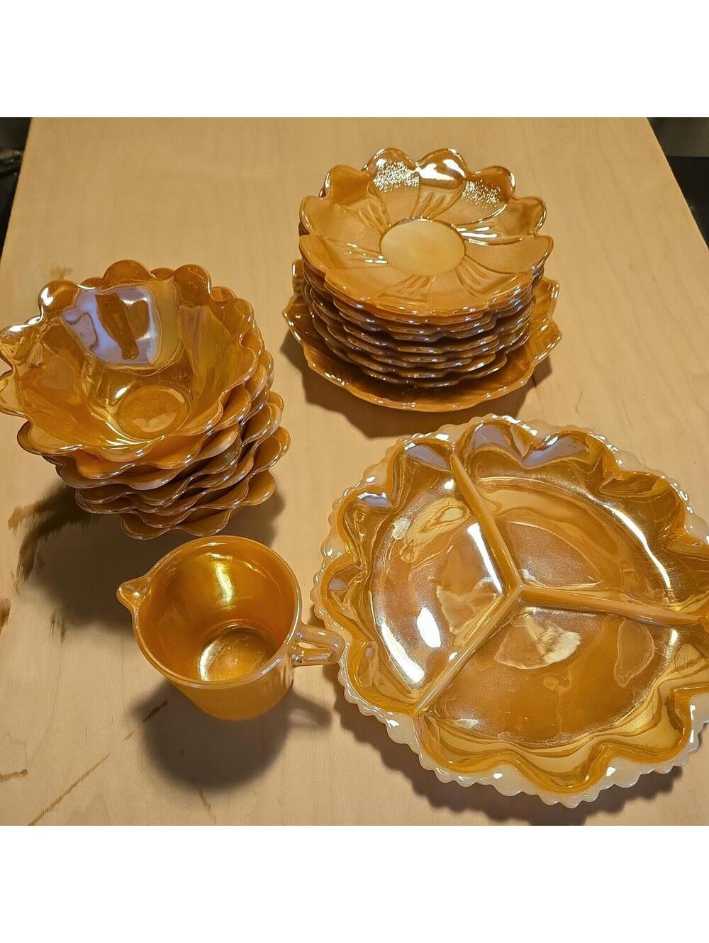 huge Vtg Fire King Peach Luster lot Lotus  Dessert Bowl, Saucer Plates, divided